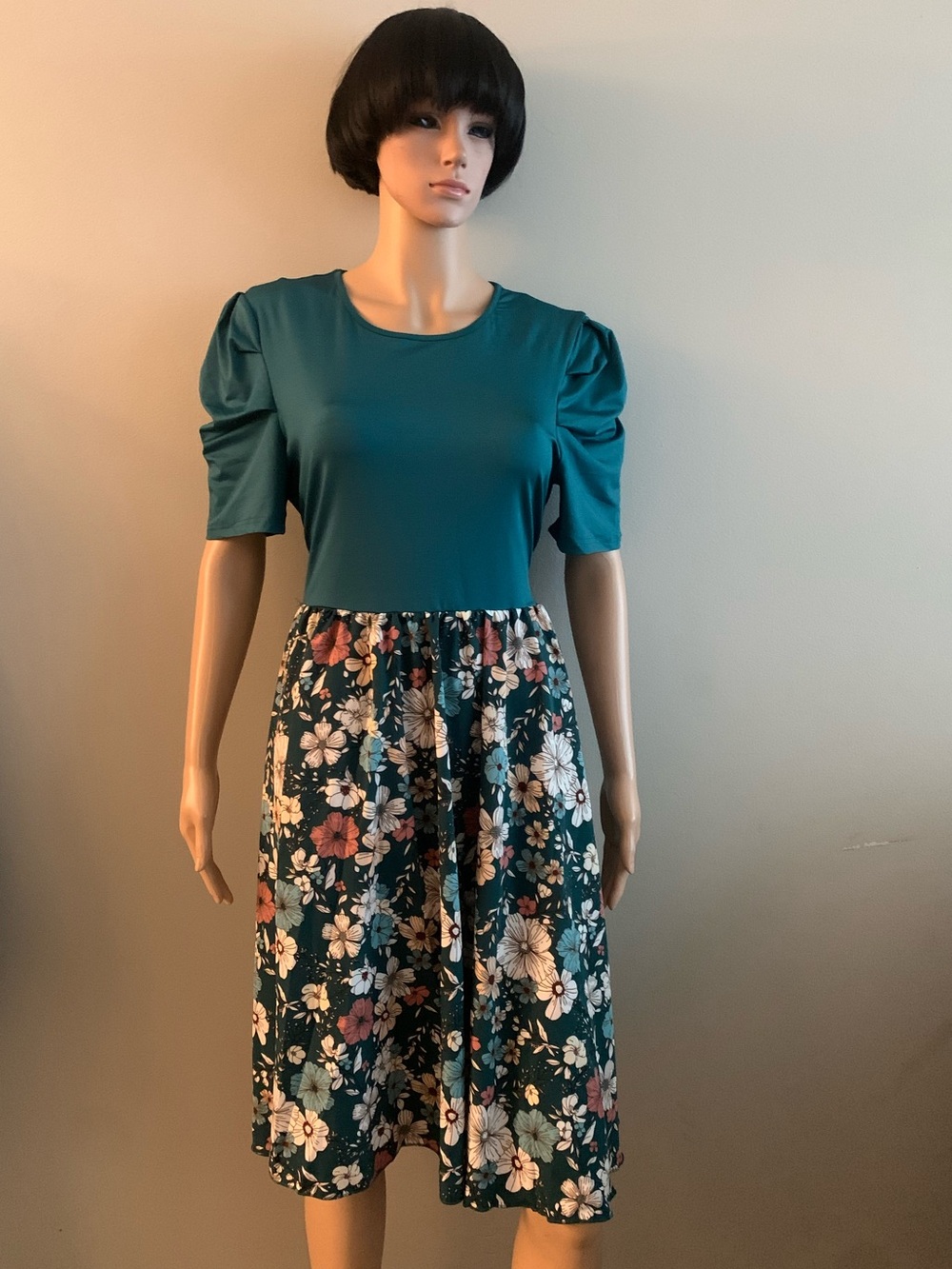 Bwear Teal Floral Midi Dress with Tie-Back Waist
